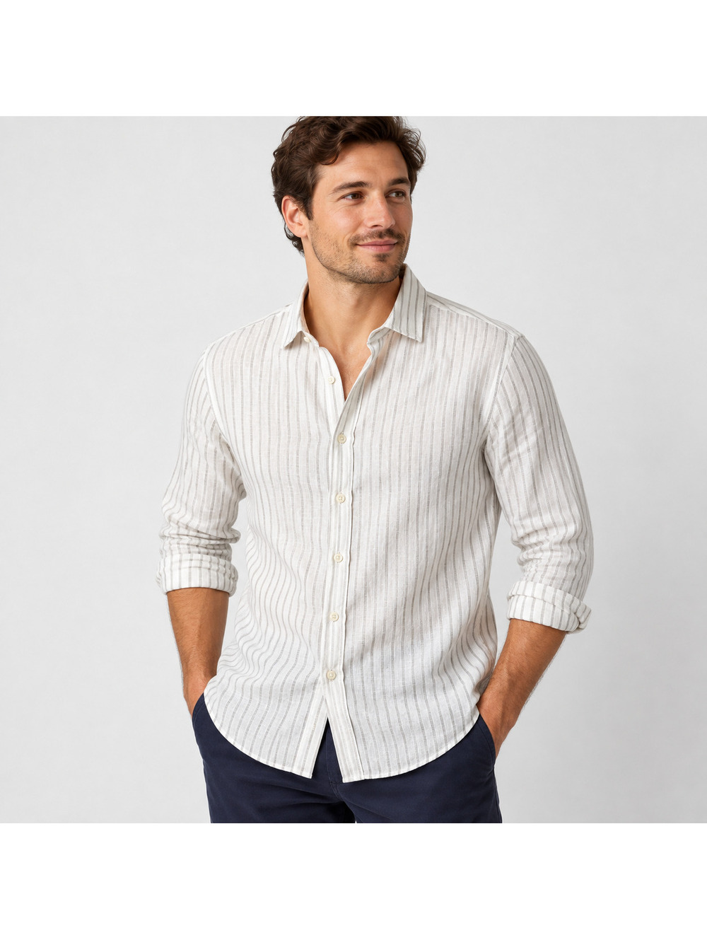 Charles Tyrwhitt Men's Linen Slim Fit Striped Button Up Shirt Size L